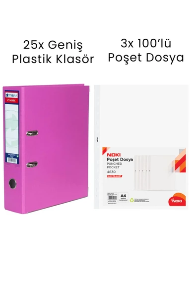 25 Adet Tigra Geniş Klasör 3 Adet Noki 100'lü Poşet Dosya Ofis Seti