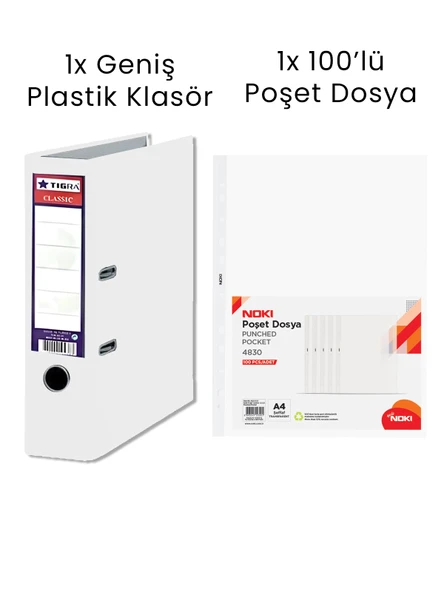 1 Adet Tigra Geniş Klasör 1 Adet Noki 100'lü Poşet Dosya Ofis Seti