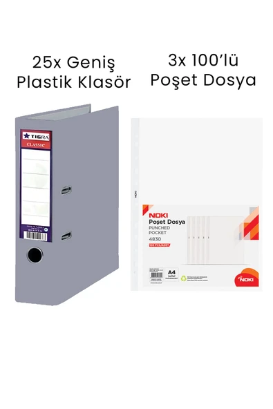 25 Adet Tigra Geniş Klasör 3 Adet Noki 100'lü Poşet Dosya Ofis Seti