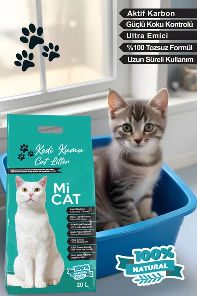 Mİ CAT 20 Litre Aktif Karbonlu Kokusuz Doğal Bentonit Kedi Kumu Süper Topaklanan Ve Tozsuz - 2