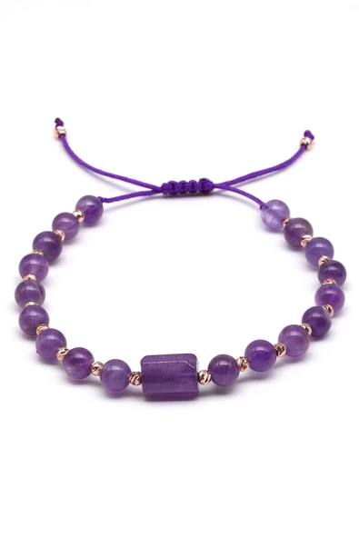 Ametist Doğal Taş Makrome Örme Bileklik Küre Kesim - 2