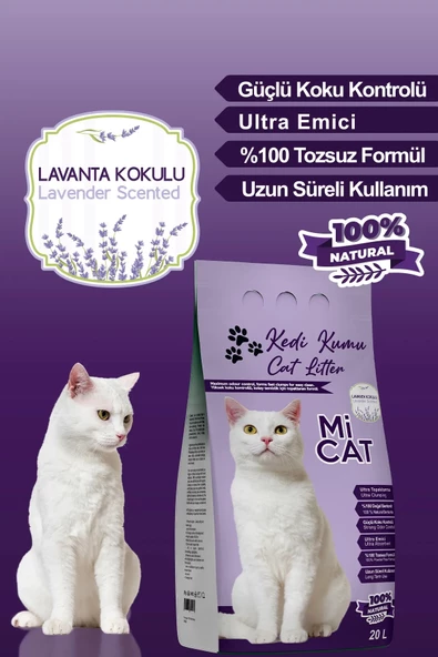 Mİ CAT 20 Litre Lavanta Kokulu Kedi Kumu Koku Hapseden Süper Topaklanan Ve Tozsuz