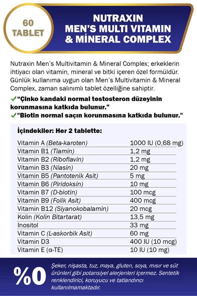 Nutraxin Men's Multi Vitamin Ve Mineraller Içeren Complex Takviye Gıda 60 Tablet - Resim 2