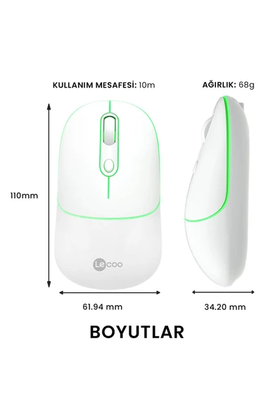 Lecoo Ws210 Dual Mod Rgb 2.4ghz Bluetooth 1600dpı 6 Tuşlu Şarjlı Sessiz Kompakt Kablosuz Optik Mouse Beyaz - 5