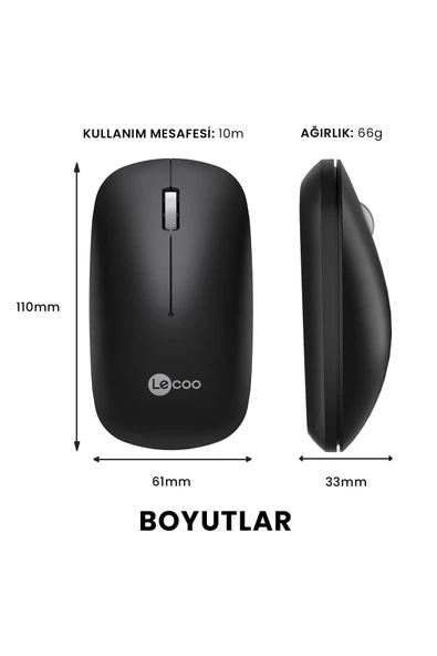 Lecoo Ws214 Kablosuz 1200dpı 3 Tuşlu Optik Mouse Siyah - 4