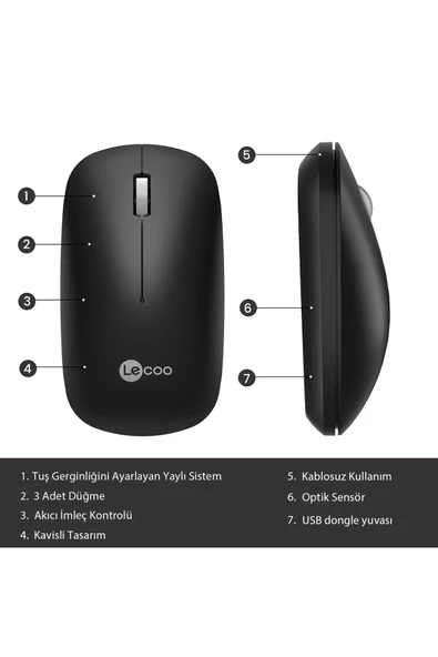 Lecoo Ws214 Kablosuz 1200dpı 3 Tuşlu Optik Mouse Siyah - 3