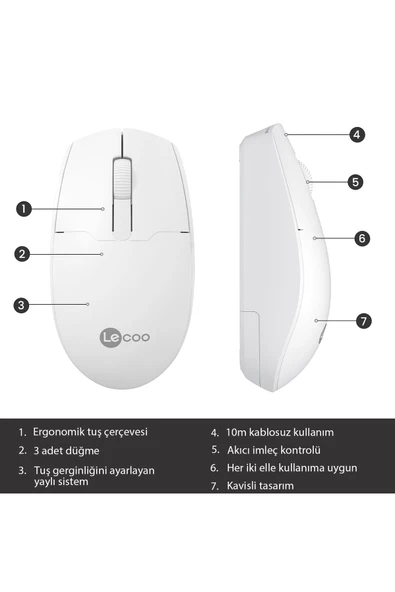 Lecoo Ws204 Kablosuz 1200dpı 3 Tuşlu Optik Mouse Beyaz - 3