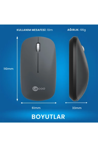 Lecoo Ws214 Kablosuz 1200dpı 3 Tuşlu Optik Mouse Gri - 5