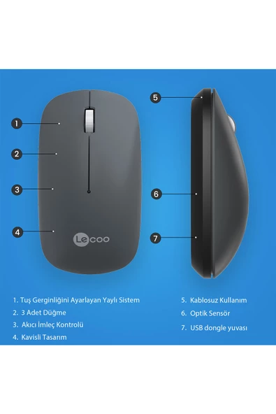 Lecoo Ws214 Kablosuz 1200dpı 3 Tuşlu Optik Mouse Gri - 4