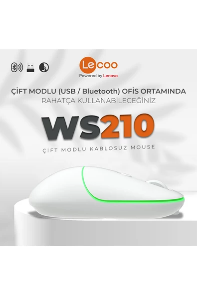Lecoo Ws210 Dual Mod Rgb 2.4ghz Bluetooth 1600dpı 6 Tuşlu Şarjlı Sessiz Kompakt Kablosuz Optik Mouse Beyaz - 7