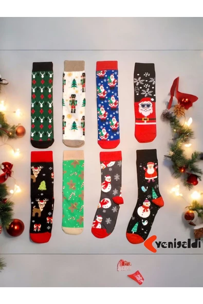 Yenigeldi 1 Adet Yılbaşı Çorabı Yıkanmış Renkli Desenli Noel Baba Ve Kış Temalı Çorap - 3