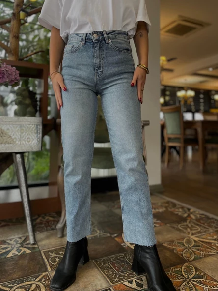 Kadın Kesik Paça Jean Mavi - 3