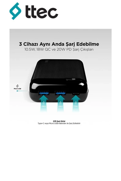 Ttec Pro Lcd 20.000 Mah Pd 20w 4kat Hızlı Qc Taşınabilir Şarj Aleti Powerbank 2bb186s - 2