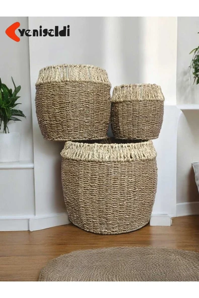 Yenigeldi 3lü Yuvarlak Hasır Sepeti Üstü Beyaz yen2400313