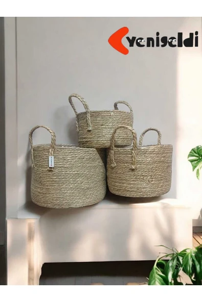 Yenigeldi 3lü Dekoratif Yuvarlak Hasır Örgülü Saplı Sepetler yen2400153