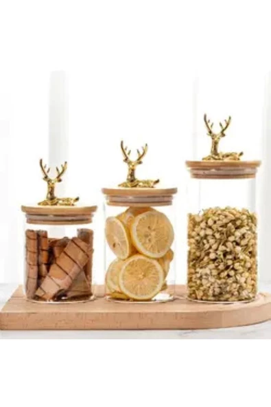 Yenigeldi 1 Adet Geyikli Şeffaf Cam Saklama Kavanozu Hava Geçirmez Bambu Kapaklı Orta Boy ( 15m*9 Cm)