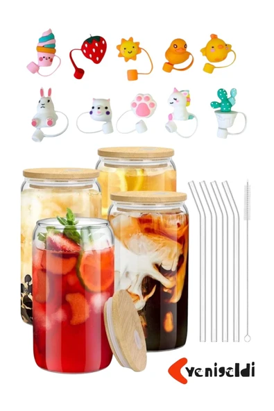 Yenigeldi 4 Adet Bambu Kapaklı Cam Bardak Buzlu Kahve Smoothie Kokteyl Bardağı 4 Cam Pipet Ve 2 Temizleme Fırç