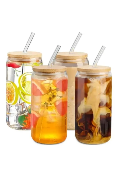 Yenigeldi 4 Adet Bambu Kapaklı Cam Bardak Buzlu Kahve Smoothie Kokteyl Bardağı 4 Cam Pipet Ve 2 Temizleme Fırç - 2