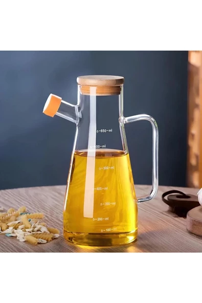 Yenigeldi 1 Adet Isıya Dayanıklı, Damlatmaz, Vakumlu Bambu Kapaklı, Ölçülü, Borosilikat Cam Sirke, Sos ve Yağl