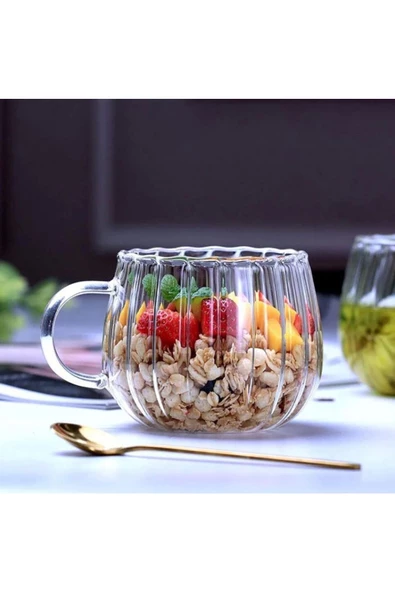 Yenigeldi 1 Adet Isıya Dayanıklı Borosilikat Termisil Kupa Çizgi Tasarımlı Cam Bardak Kahve Sunum Bardağı 350 - 2