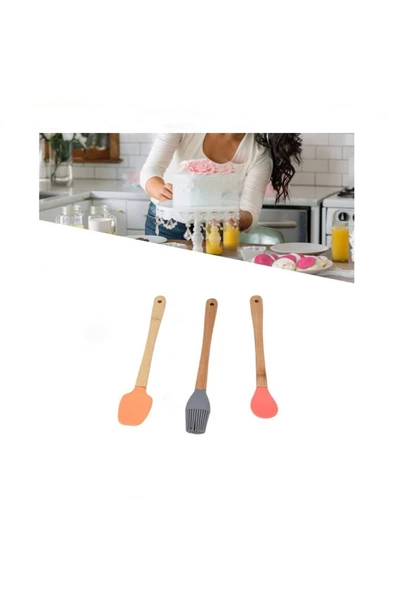 Yenigeldi 3 Adet 21 cm Pastel Renk Bambu Saplı Mini Silikon Pişirme Seti, ( Kaşık,Fırça,Spatula) - 3
