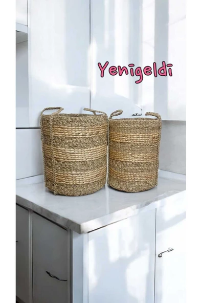 Yenigeldi 2 Adet Yuvarlak Dekoratif Hasır Sepetler Doğal yen2400082 - 2