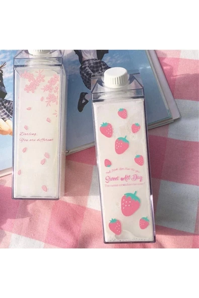 Yenigeldi Çilek 500ml Mika Süt Kutu Tasarımlı Su Kahve Içecek Şişesi Cam Değildir Kahve Ve Sunum Bardağı - 3