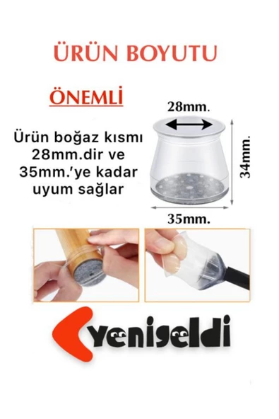 Yenigeldi 8 Adet Keçeli Orta Büyük (35MM*28MM) Silikon Masa Sandalye Pabuç Kaydırmaz Zemin Koruyucu - 2