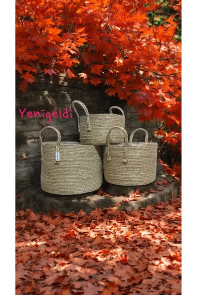Yenigeldi 3lü Dekoratif Yuvarlak Hasır Örgülü Saplı Sepetler yen2400153 - 2