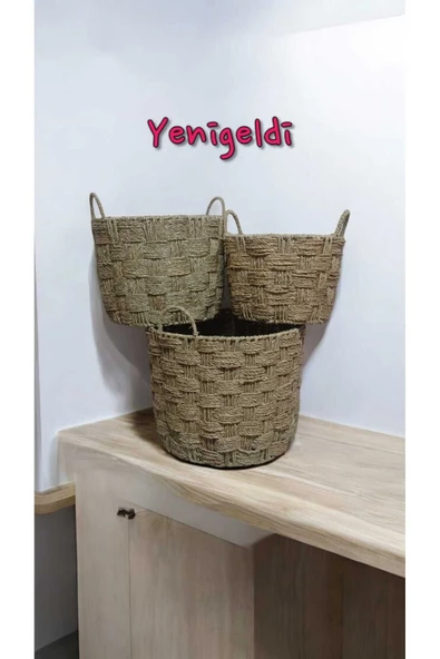 Yenigeldi 3lü Hasır Sepeti Saplı Dekoratif Ve İşlevsel, Doğal yen2400283