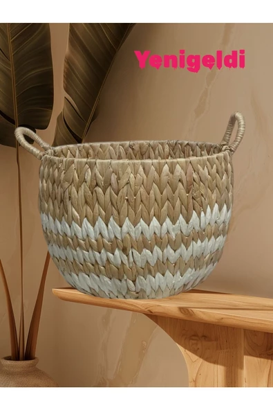 Yenigeldi 1 Adet Doğal Hasır Sepet (23CM-36CM-TABAN 24 CM) Beyaz Çizgili Yen240014k - 2
