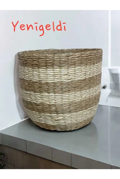 Yenigeldi (y:30xg:37xtg:25 Cm ) 1 Adet Hasır Sepet Seti Düzenleyici Organizer Beyaz Çizgili Yen240032or