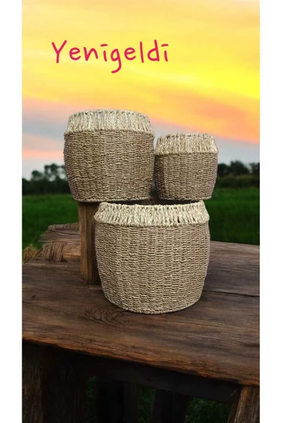 Yenigeldi 3lü Yuvarlak Hasır Sepeti Üstü Beyaz yen2400313 - 2