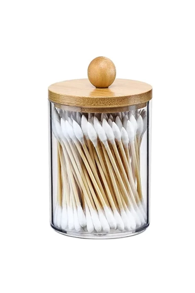 Yenigeldi 1 Adet ( 8* 6.5 Cm ) Bambu Kapaklı, Şeffaf Cam Kavanoz, Pamuk, Diş Ipi, Makyaj Fırçası