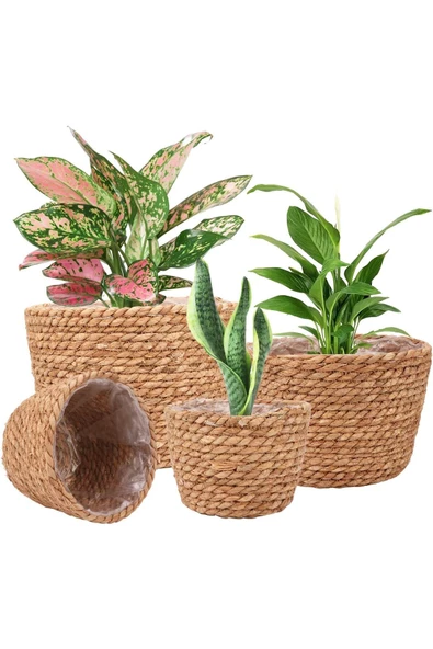 Yenigeldi 4 adet Hasır Saklama Sepeti ve Saksı İç ve Dış Mekan Bitkileri için Saksı Örtüsü Dekorasyon