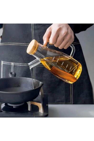 Yenigeldi 1 Adet Isıya Dayanıklı, Damlatmaz, Vakumlu Bambu Kapaklı, Ölçülü, Borosilikat Cam Sirke, Sos ve Yağl - 2