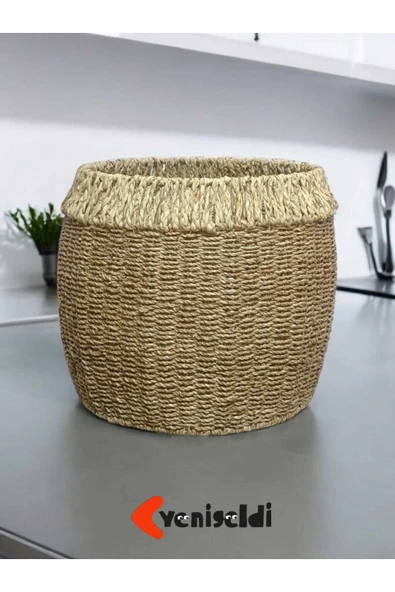 Yenigeldi 1 Adet Yuvarlak Hasır Sepeti (YÜKSEKLİĞİ 39 CM GENİŞLİĞİ 41 CM TABAN 40 CM) Üstü Beyaz Yen240031b