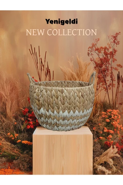 Yenigeldi 1 Adet Doğal Hasır Sepet ( 26 Cm - 40 Cm - Taban 28 Cm ) Beyaz Çizgili Yen240014or - 2