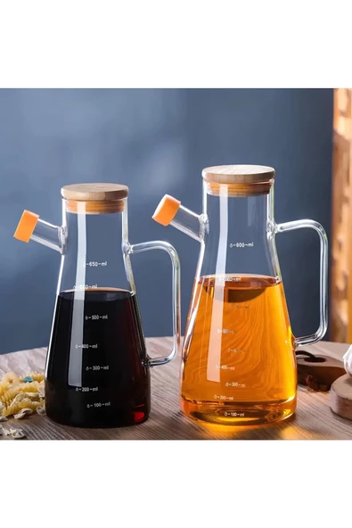 Yenigeldi 1 Adet Isıya Dayanıklı, Damlatmaz, Vakumlu Bambu Kapaklı, Ölçülü, Borosilikat Cam Sirke, Sos ve Yağl - 3