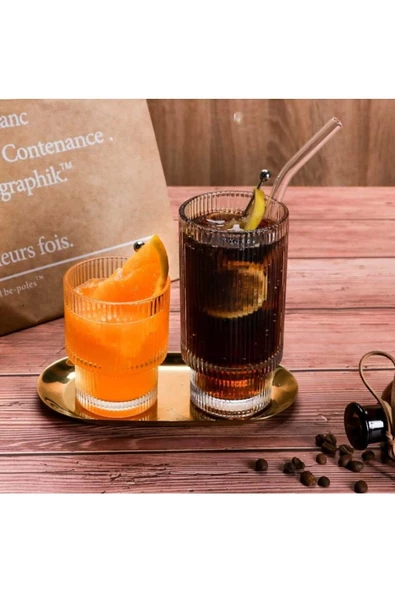 Yenigeldi 2 Adet Origami Şekilli Şeffaf Cam Bardak (1 B +1 K +2 Cam Pipet +1 Fırça) Buzlu Kahve, Kokteyl Barda - 3