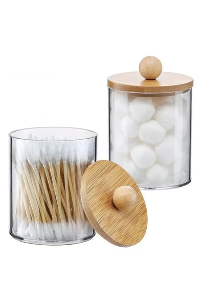 Yenigeldi 1 Adet ( 8* 6.5 Cm ) Bambu Kapaklı, Şeffaf Cam Kavanoz, Pamuk, Diş Ipi, Makyaj Fırçası - 3