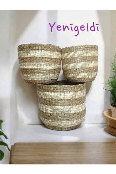 Yenigeldi 3lü Hasır Sepet Seti Düzenleyici Organizer Beyaz Çizgili yen2400323