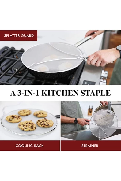 Yenigeldi 33 Cm 3'ü 1 Arada Paslanmaz Çelik Yağ Sıçratmaz Süzgeç Ve Soğutma Tavası (1 Adet)