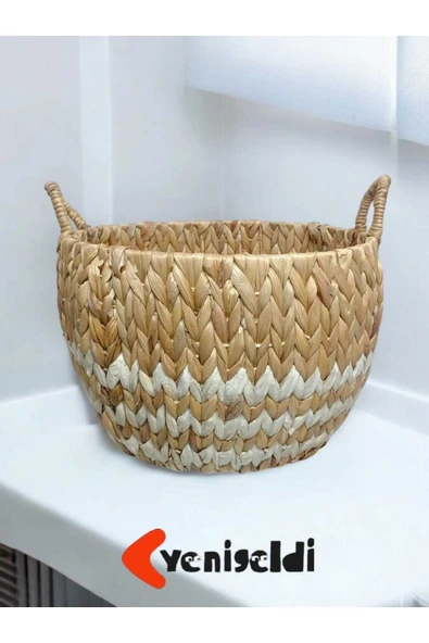 Yenigeldi 1 Adet Doğal Hasır Sepet ( 26 Cm - 40 Cm - Taban 28 Cm ) Beyaz Çizgili Yen240014or