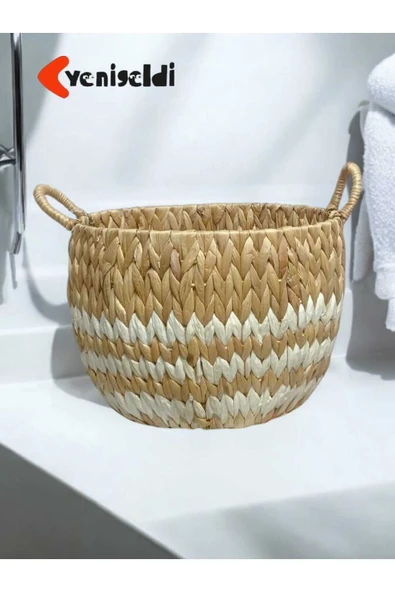 Yenigeldi 1 Adet Doğal Hasır Sepet (23CM-36CM-TABAN 24 CM) Beyaz Çizgili Yen240014k