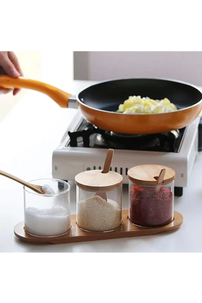 Yenigeldi 3 Adet Şeffaf Cam Kavanoz Seti Doğal Bambu Kapaklı Kaşık ve Bambu Standlı Baharatlar İçin Bidon Sakl - 3