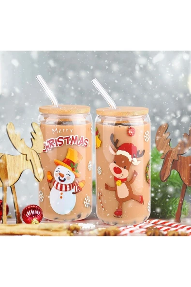 Yenigeldi 2 Adet Yılbaşı Isıya Dayanıklı Bambu Kapaklı Pipetli Bardak