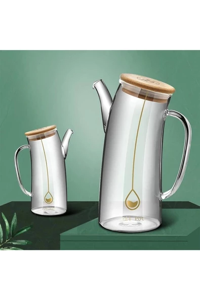 Yenigeldi Mutfak İçin Dekoratif, Cam, Damlatmaz, Vakumlu Bambu Kapaklı Yağlık ve Sürahi - 2