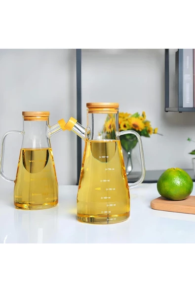 Yenigeldi 1 Adet Isıya Dayanıklı, Damlatmaz, Vakumlu Bambu Kapaklı, Ölçülü, Borosilikat Cam Sirke, Sos ve Yağl