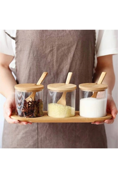 Yenigeldi 3 Adet Şeffaf Cam Kavanoz Seti Doğal Bambu Kapaklı Kaşık ve Bambu Standlı Baharatlar İçin Bidon Sakl - 2